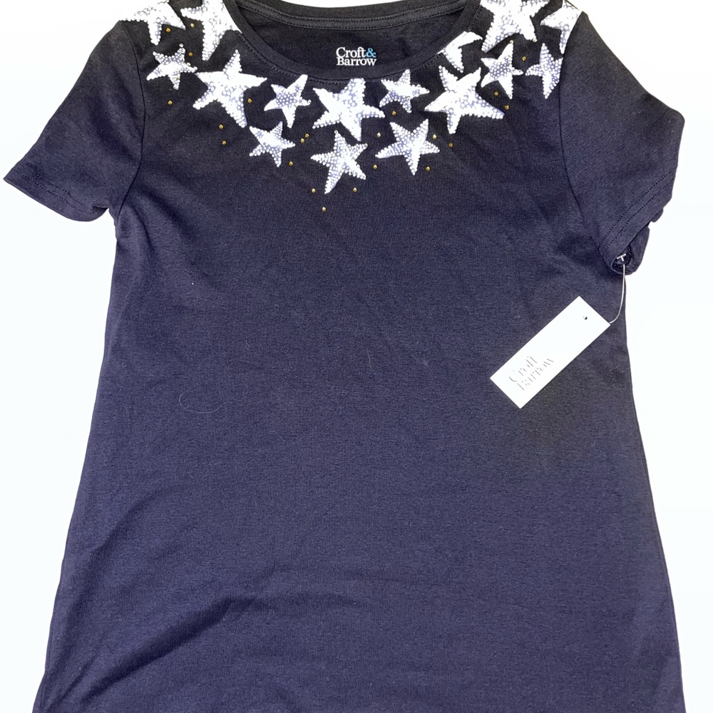 Croft & Barrow Blue Embellished Tee‎ with White Star Design